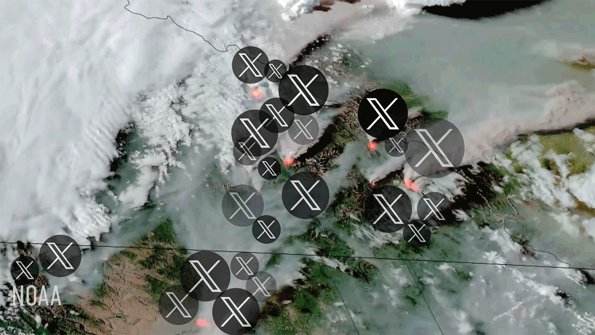 animation of X/twitter logos over a fiery satellite image
