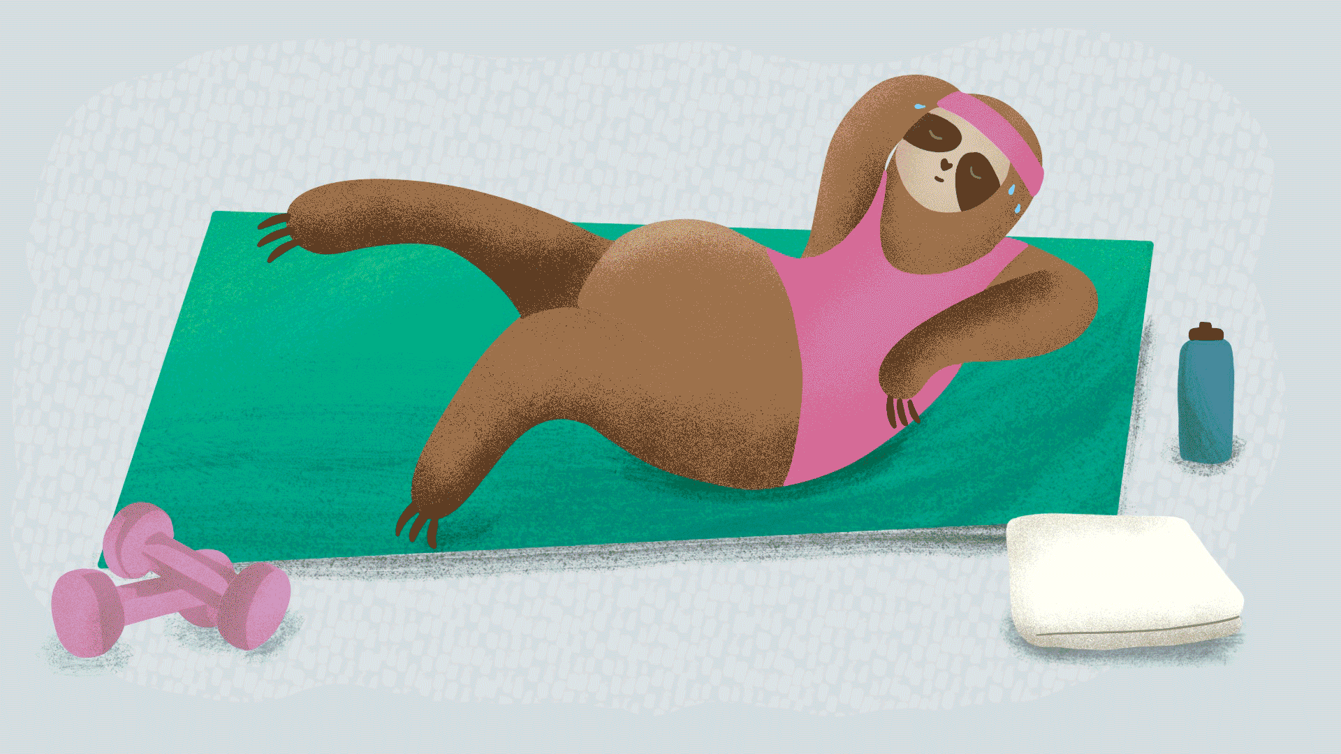 sloth lounging on couch, then exercising on mat