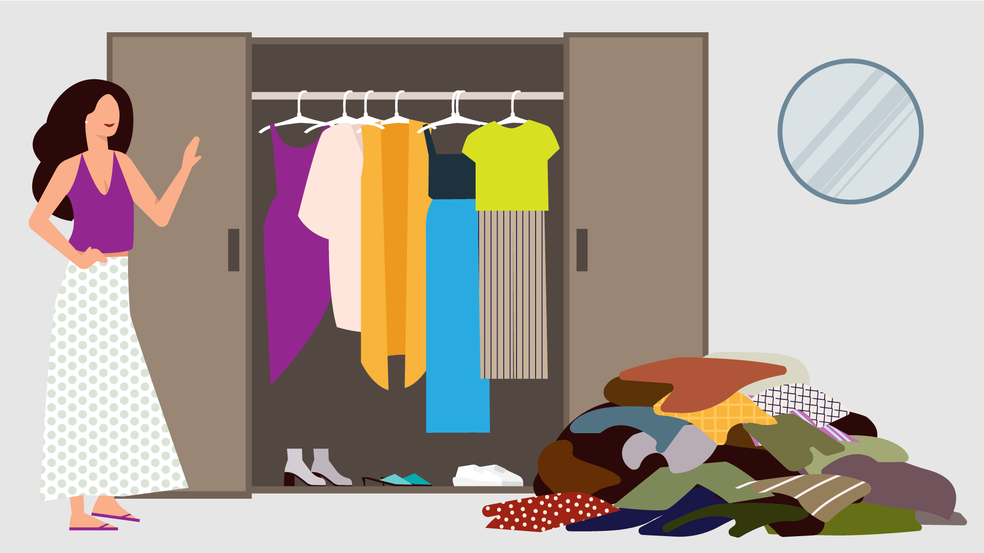 Animation of illustrated woman trying on different clothes, with a closet in the background and a pile of clothes on the right