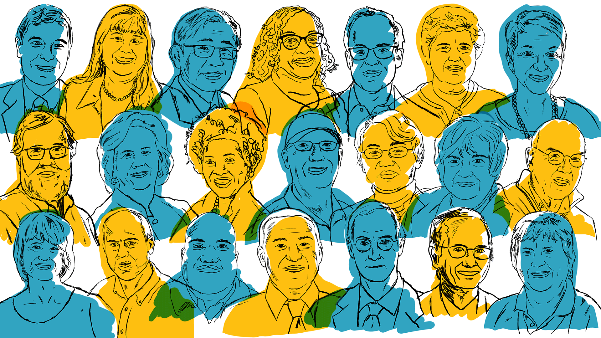 Collage of illustrated portraits of 21 outstanding UMD faculty and staff to be honored at the 36th annual Convocation today.