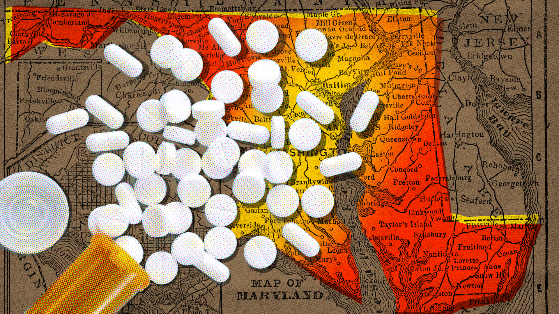 Illustration of pills over a map of Maryland