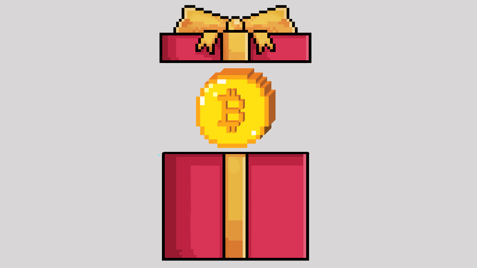 gif of a bitcoin emerging from a red gift box with a golden ribbon and bow