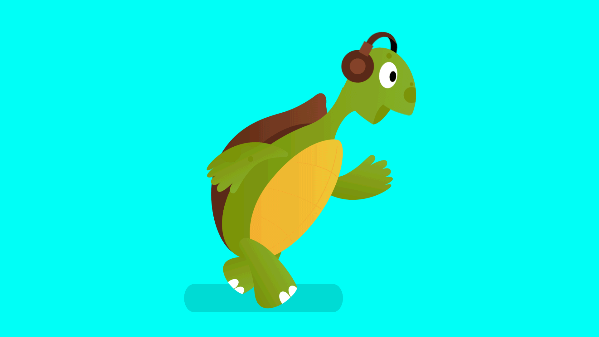 Animation of a turtle walking with headphones