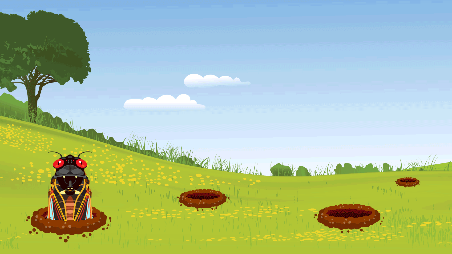 Animation of cicadas emerging and receding into holes in the ground