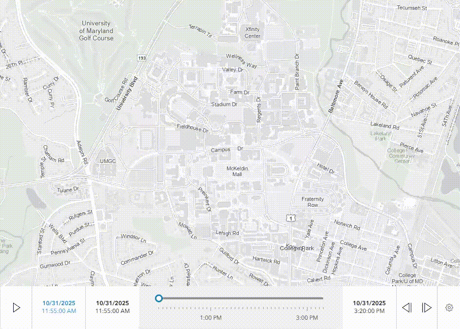 Time lapse gif of Testudo moving around the UMD campus