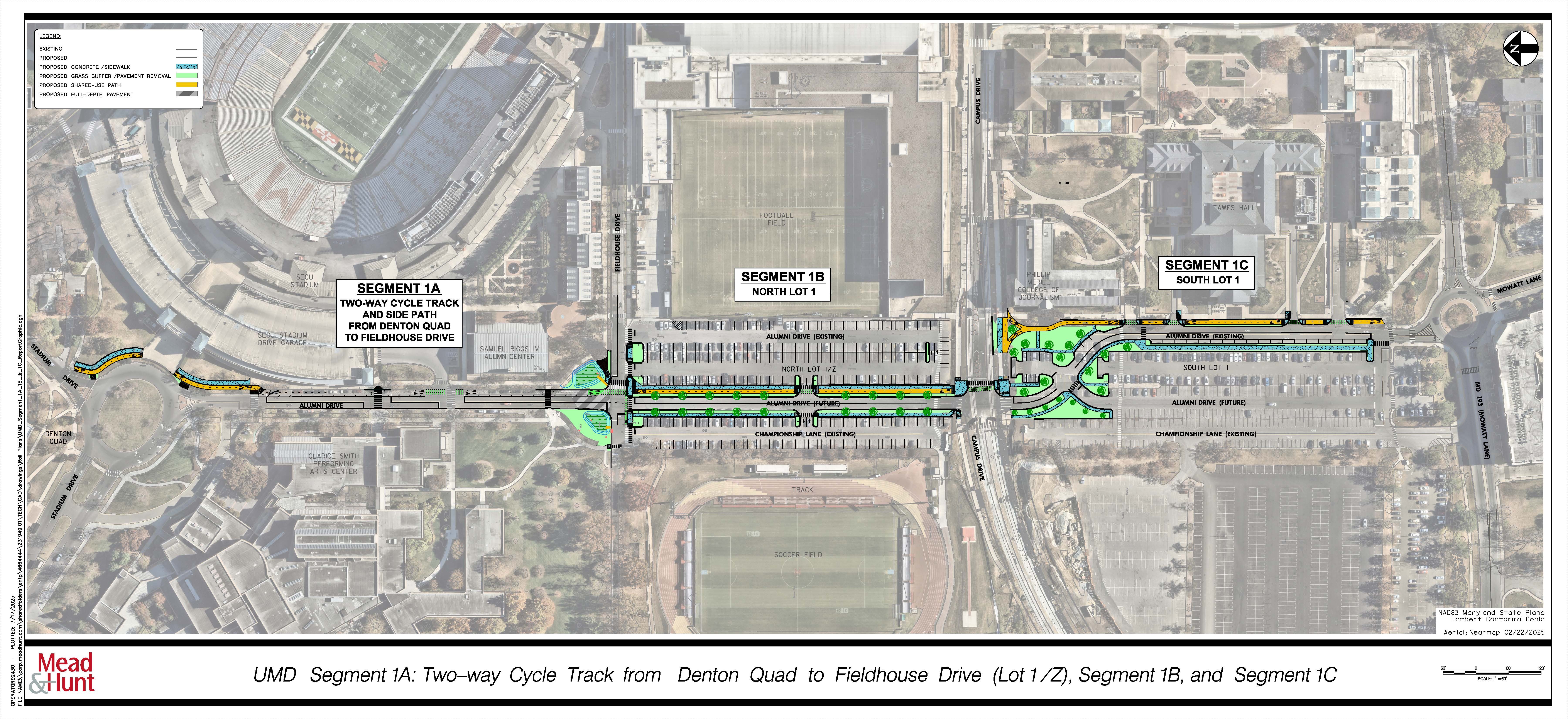 UMD segment 1A: Two-way cycle track from Denton Quad to Fieldhouse Drive (Lot 1/Z0, Segment 1B, and Segment 1C